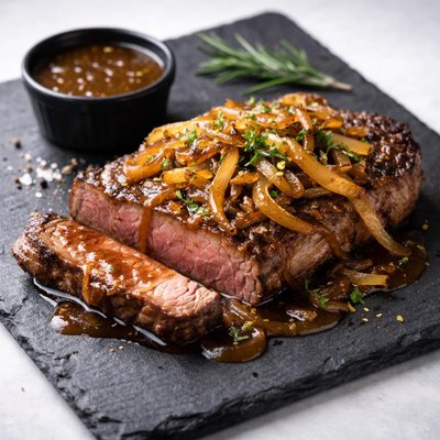 Steak with onions and sauce