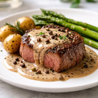 Steak with peppercorn sauce