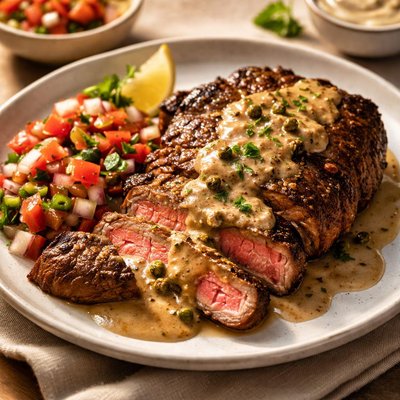 Steak with sauce and pico de gallo