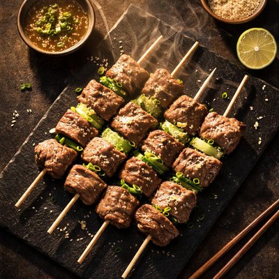 Steamed beef skewers
