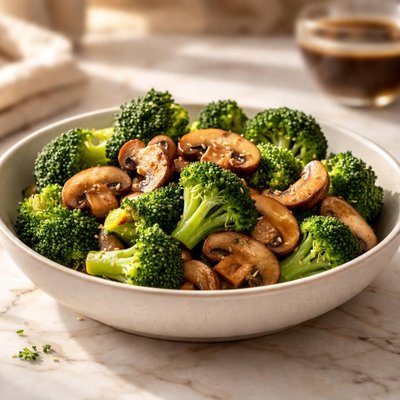 Steamed broccoli and mushrooms