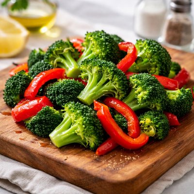 Steamed broccoli and red bell peppers