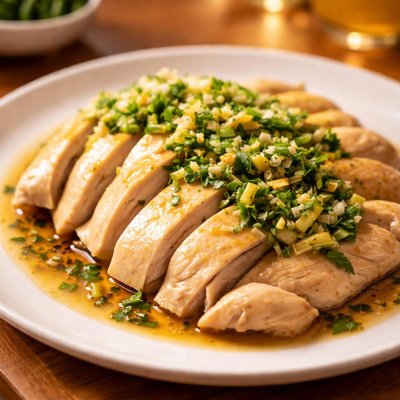 Steamed chicken with ginger scallion oil