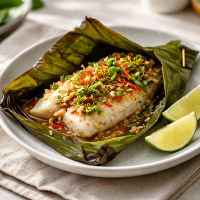 Steamed fish in banana leaf