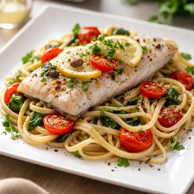 Steamed seabass and pasta