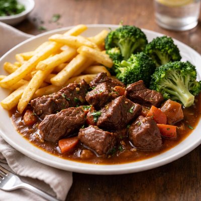 Stewed beef with french fries and broccoli