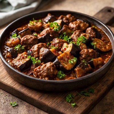 Stewed eggplant and meat
