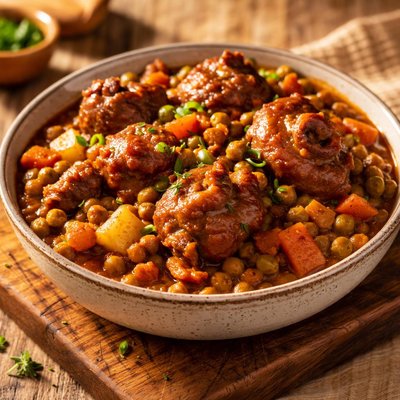 Guiso de guisantes y colas de cerdo