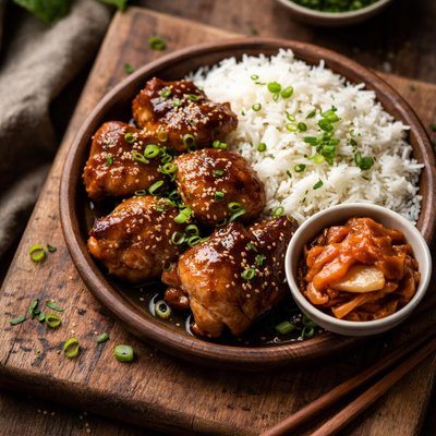 Sticky chicken with white rice and kimchi