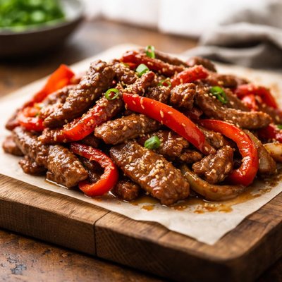 Stir-fried beef with red bell peppers