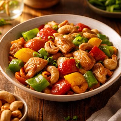 Stir-fried chicken with bell peppers and cashews