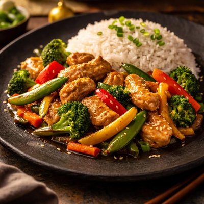 Stir-fried chicken with vegetables and rice