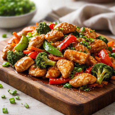 Stir-fried chicken with vegetables in spicy sauce