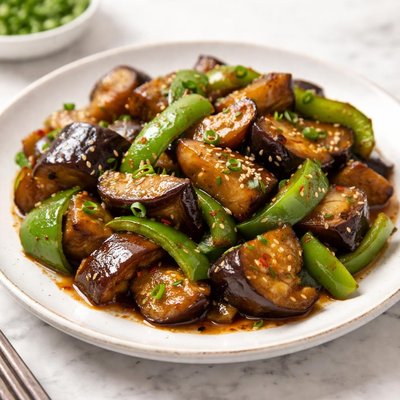 Stir-fried eggplant and green bell pepper