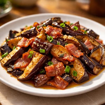 Stir-fried eggplant with bacon