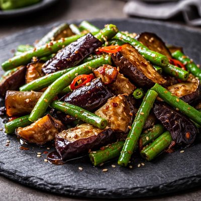 Stir-fried eggplant with green beans