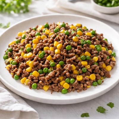 Stir-fried ground beef with corn and peas
