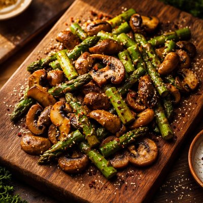 Stir-fried mushrooms and asparagus