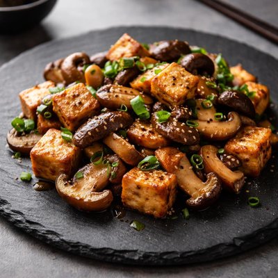 Stir-fried mushrooms and tofu