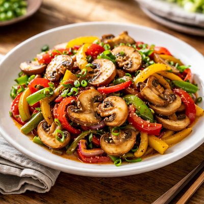 Stir-fried mushrooms with peppers