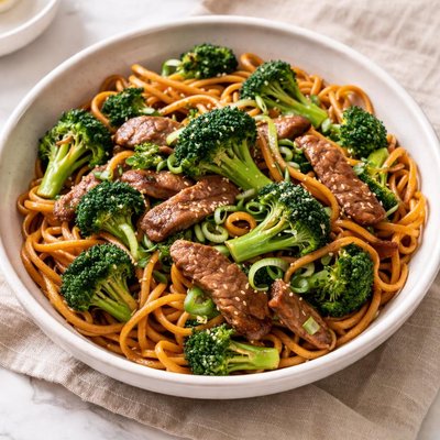 Stir-fried noodles with beef and broccoli