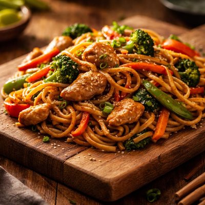 Stir-fried noodles with chicken and vegetables
