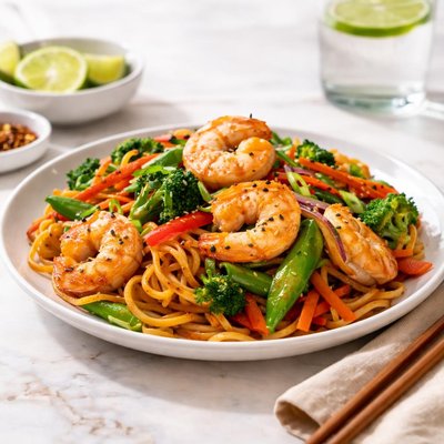 Stir-fried noodles with shrimp and vegetables
