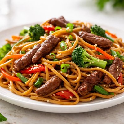 Stir-fried noodles with vegetables and beef