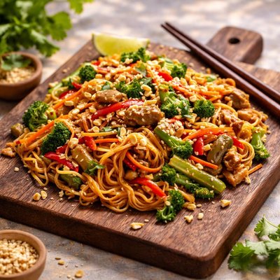 Stir-fried noodles with vegetables and peanuts