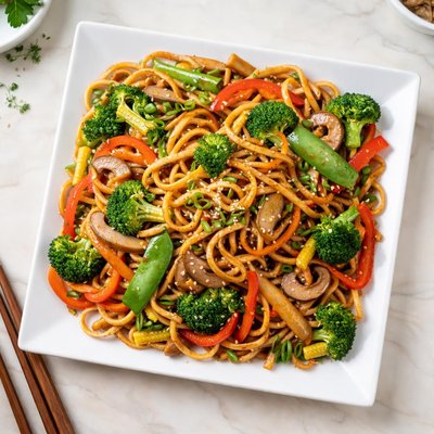 Stir-fried noodles with vegetables and sauce