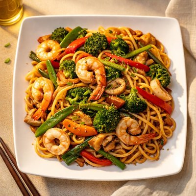 Stir-fried noodles with vegetables and seafood