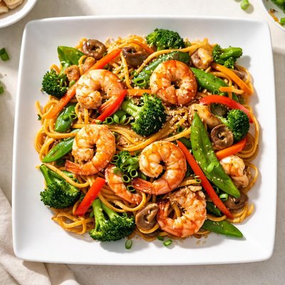 Stir-fried noodles with vegetables and shrimp