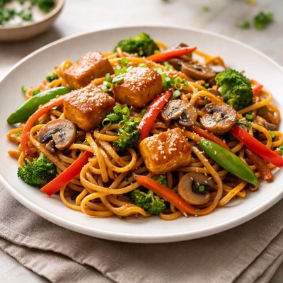 Stir-fried noodles with vegetables and tofu
