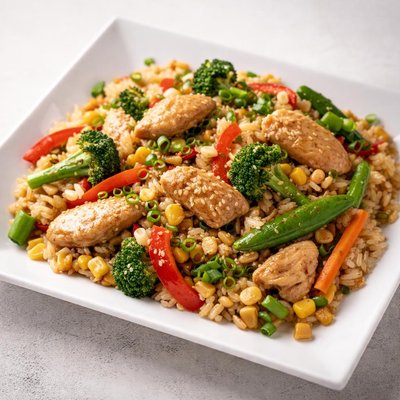 Stir-fried rice with vegetables and meat