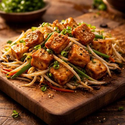 Stir-fried tofu with bean sprouts