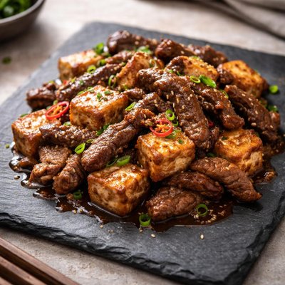 Stir-fried tofu with beef