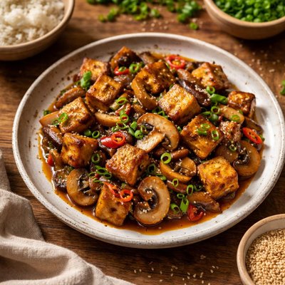 Stir-fried tofu with mushrooms
