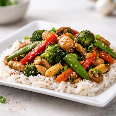 Stir-fry with vegetables and rice