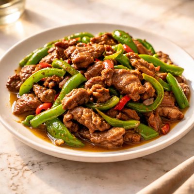 Stir fried beef with green peppers