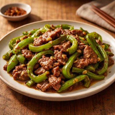Stir fried green peppers with beef