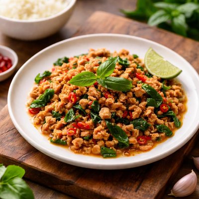 Stir fried minced chicken with basil