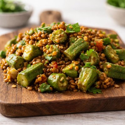 Stir fried okra with lentil