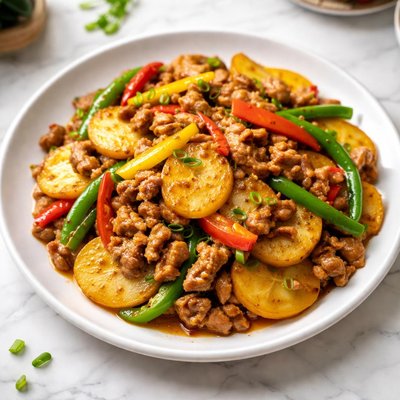 Stir fried potato with pork and pepper