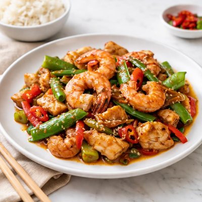 Stir fried prawn and chicken