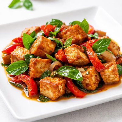 Stir fried tofu with thai basil and red bell pepper