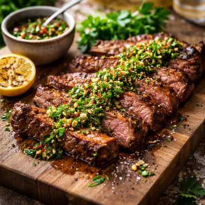 Stir steak with chimichurri sauce