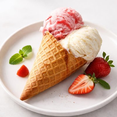 Strawberry and vanilla ice cream cone