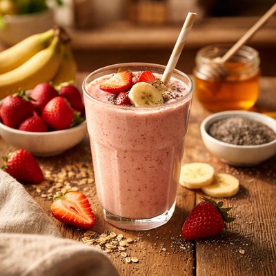 Batido de fresa, plátano, miel, leche de avena y semillas de chía