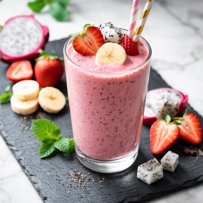 Strawberry banana smoothie with dragon fruit