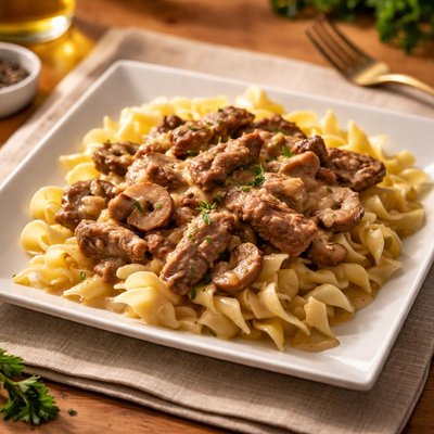 Stroganoff with mushrooms and beef